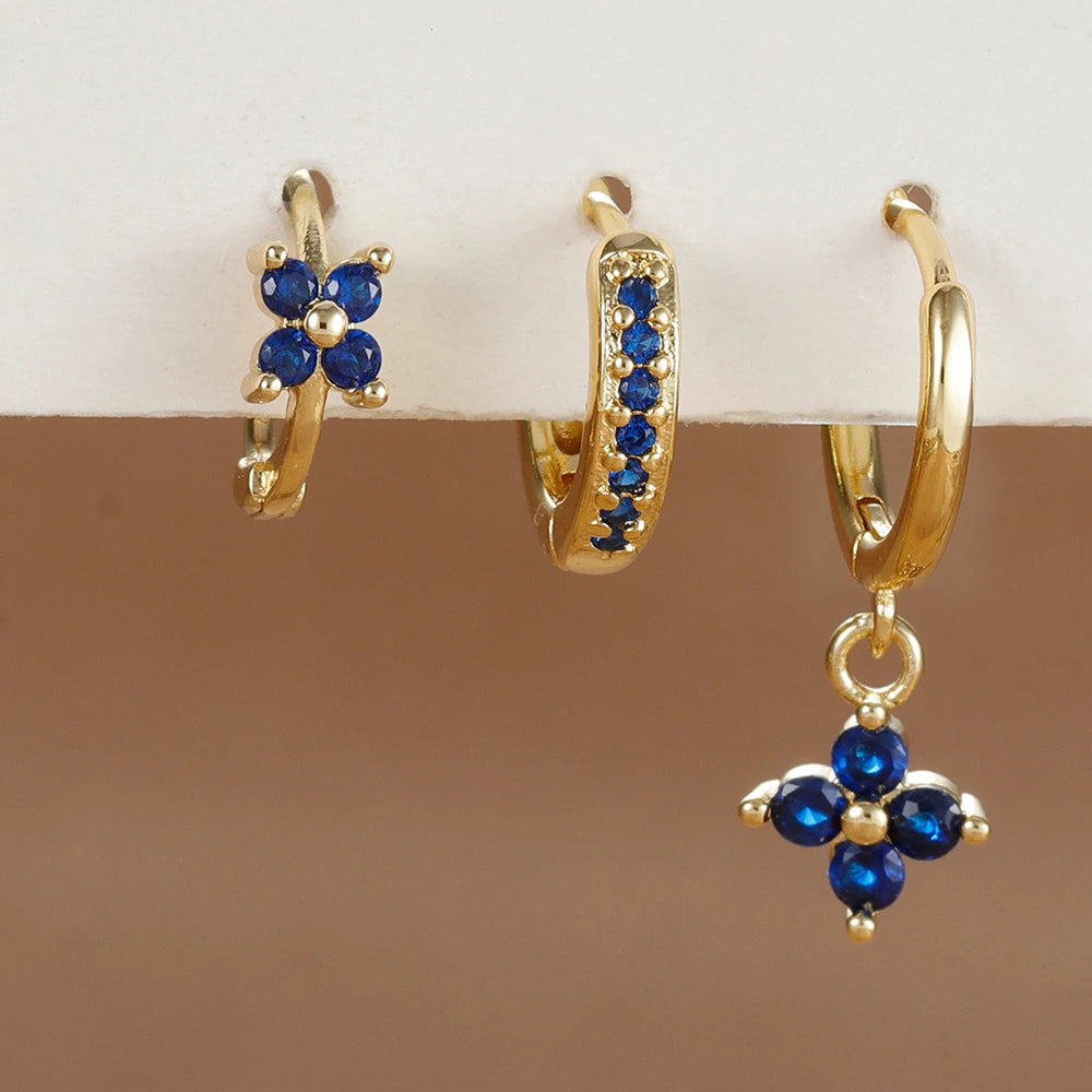 Trendy 3PCS Flower Drop Earrings Set – Stainless Steel Crystal Zirconia Dangle Earrings for Women