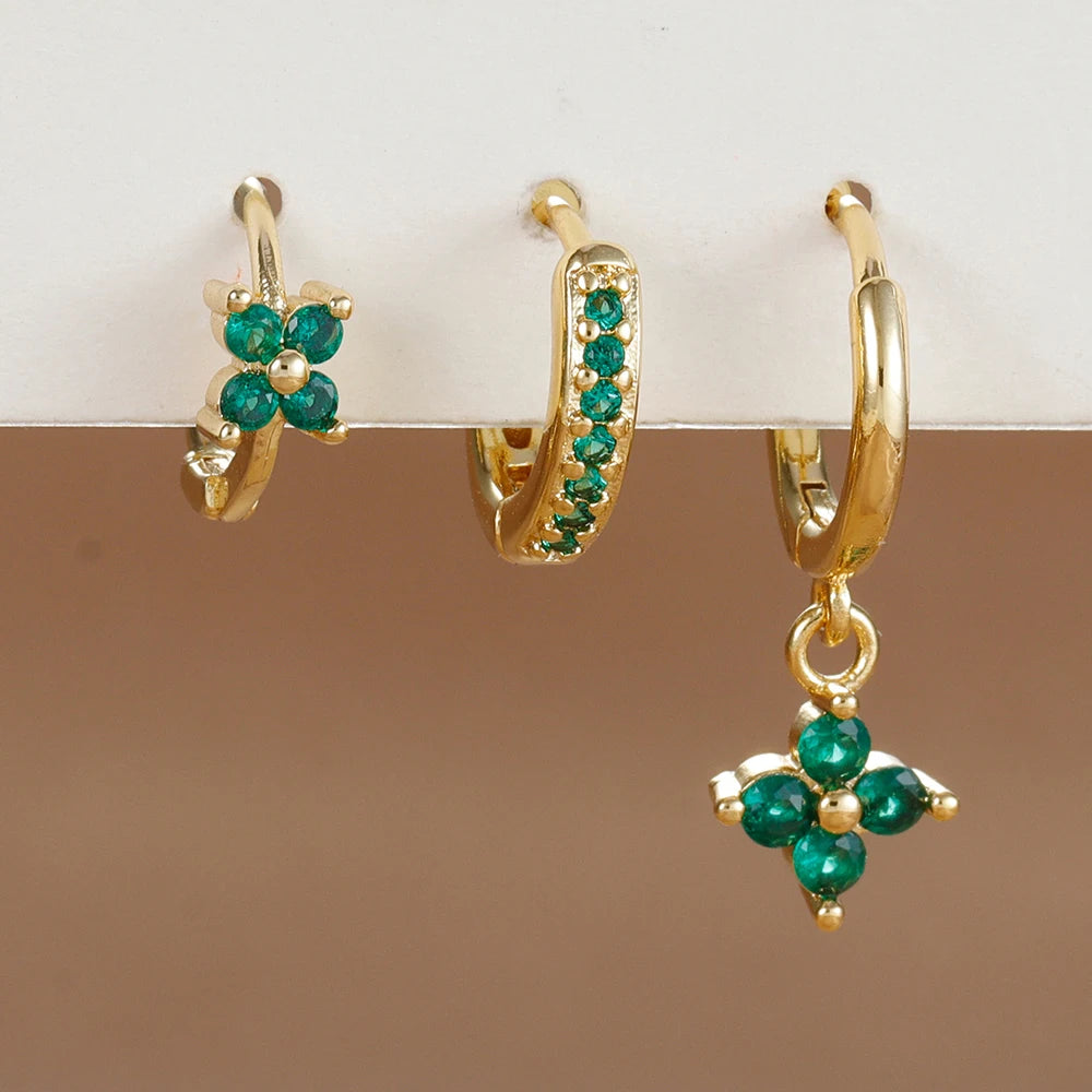 Trendy 3PCS Flower Drop Earrings Set – Stainless Steel Crystal Zirconia Dangle Earrings for Women