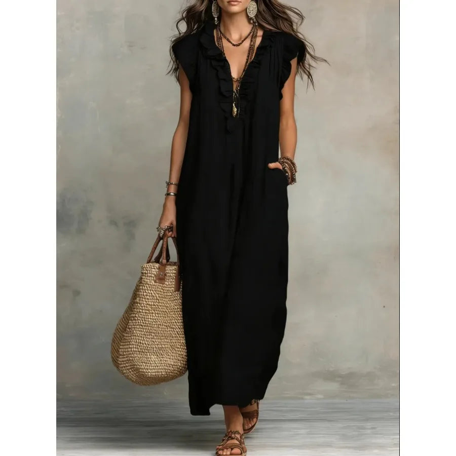 Elegant Bow Neck Mesh Dress for Women – Knee-Length Chiffon Loose Fit Dress