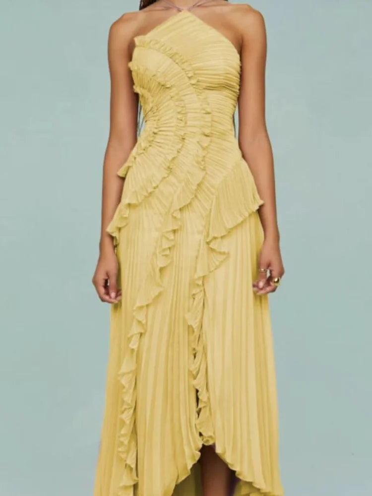 Purple Pleated Strapless Maxi Dress – Halter Neck Vacation Gown