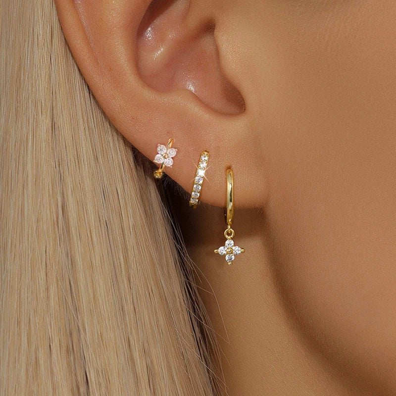 Trendy 3PCS Flower Drop Earrings Set – Stainless Steel Crystal Zirconia Dangle Earrings for Women