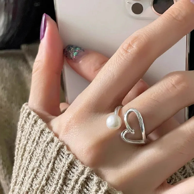 Women's 925 Sterling Silver Heart Pearl Ring – Elegant Korean Sweet Jewelry Gift