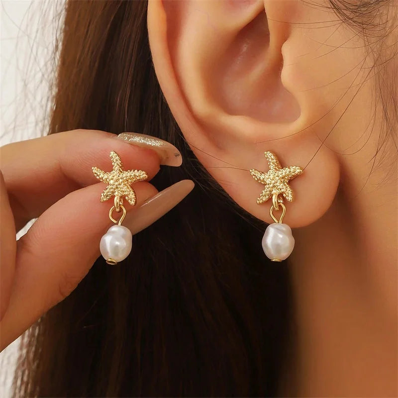 Ocean Pearl Starfish Drop Earrings – Gold Shell Beach Jewelry for Women