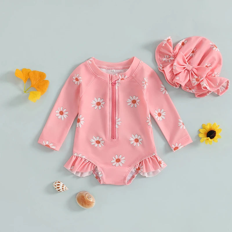Baby Girl Long Sleeve Rash Guard Swimsuit with Hat – Floral Zipper Bathing Suit