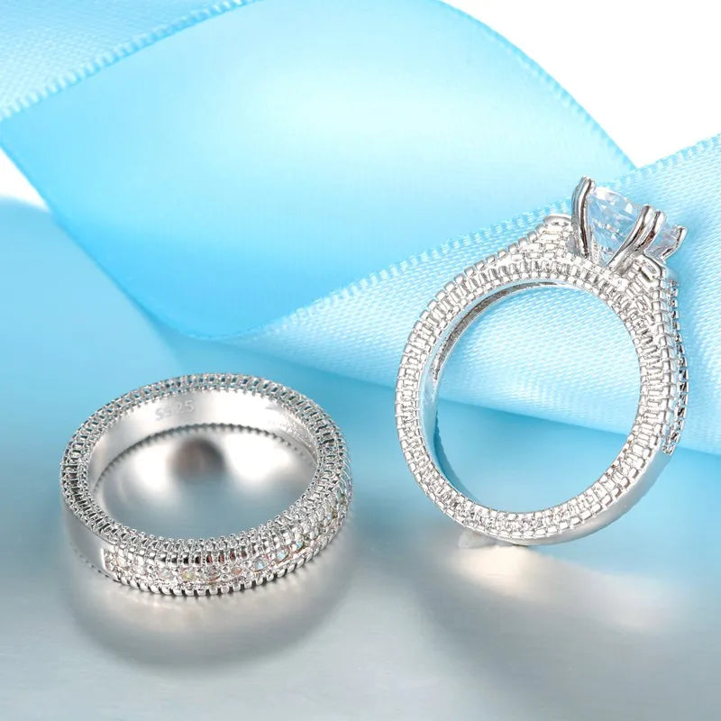 925 Sterling Silver Couple Rings Set – Elegant Wedding & Engagement Cubic Zirconia Jewelry