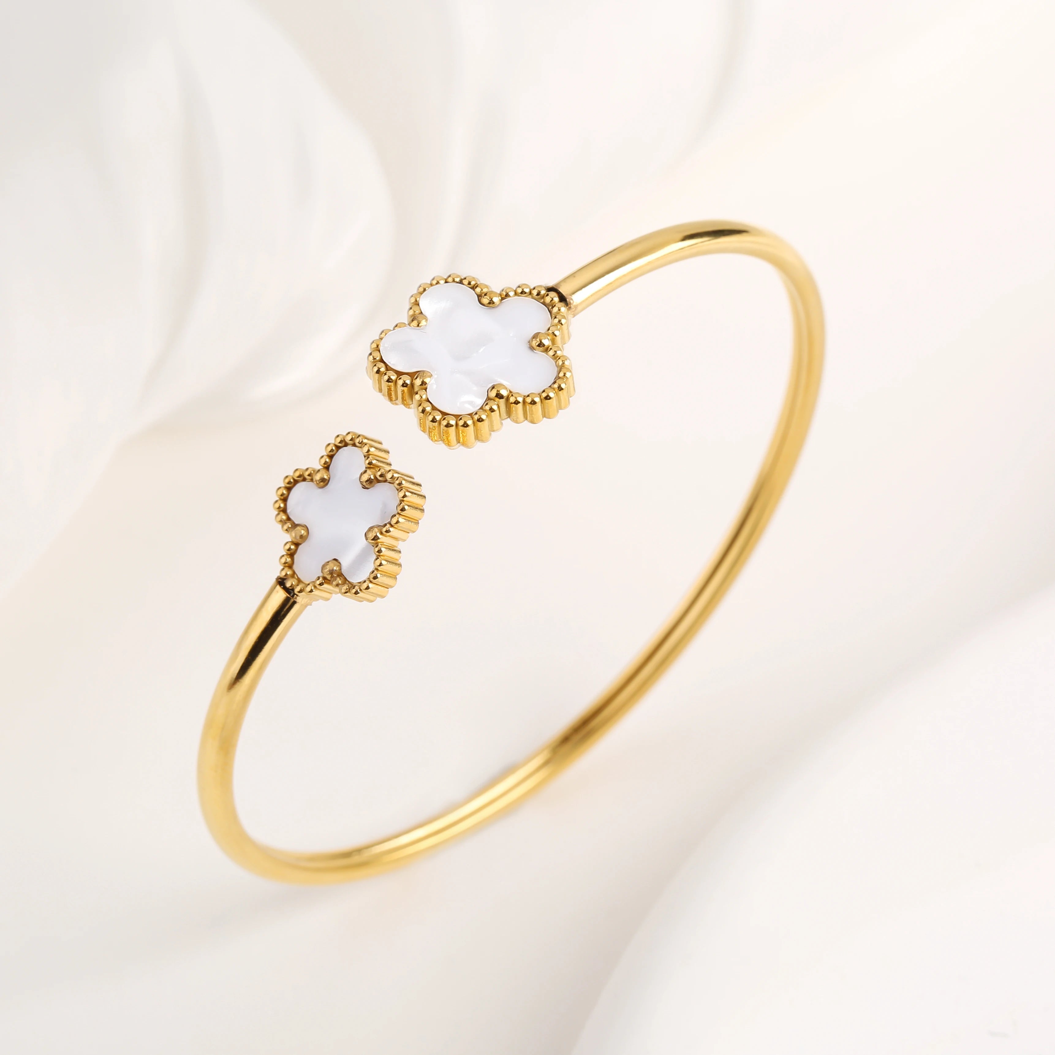 Lucky Clover Open Cuff Bracelet – Gold-Plated Stainless Steel Jewelry