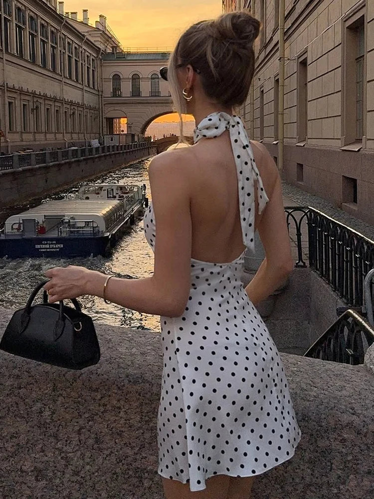 Women's Halter Neck Backless Mini Dress – Polka Dot Summer Slim Fit Party Dress