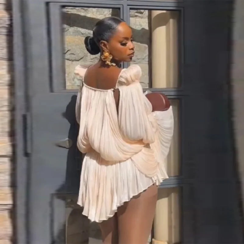 Satin Off-Shoulder Pleated Mini Dress – Puff Sleeve Party Dress