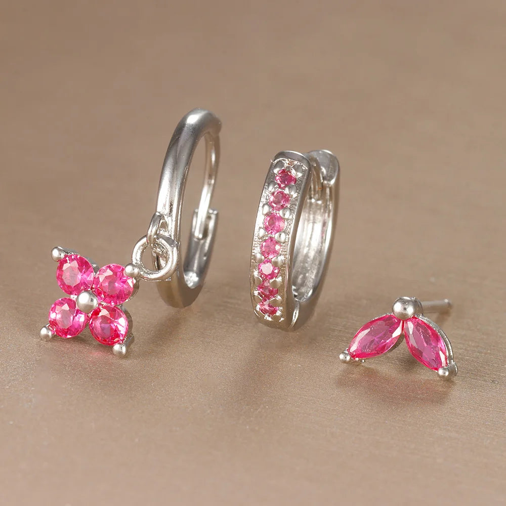 Trendy 3PCS Flower Drop Earrings Set – Stainless Steel Crystal Zirconia Dangle Earrings for Women