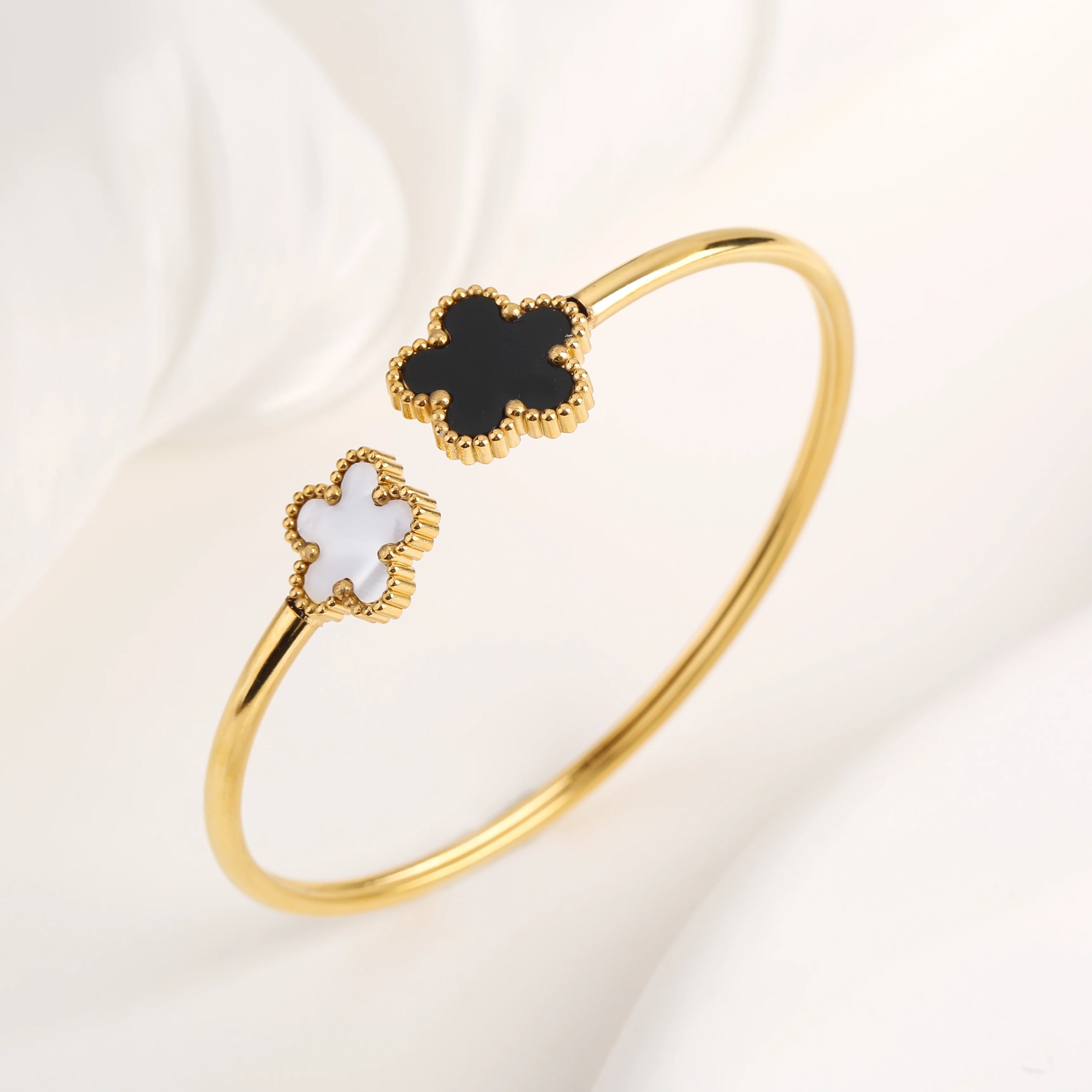 Lucky Clover Open Cuff Bracelet – Gold-Plated Stainless Steel Jewelry