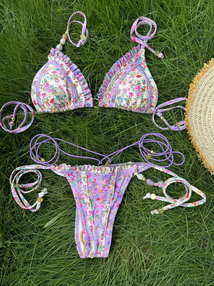 sexy Triangle Mini Bikini Set for Women – Micro Thong Print Swimsuit, Bandage Style