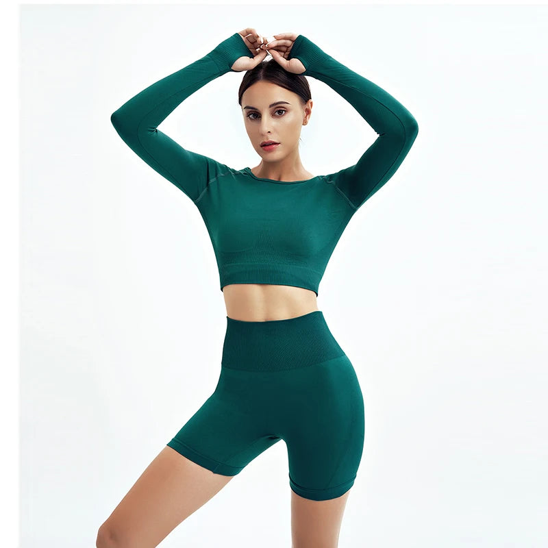 Seamless High-Waist Yoga Set for Women – Sculpting Gym Leggings & Sports Bra Workout Suit