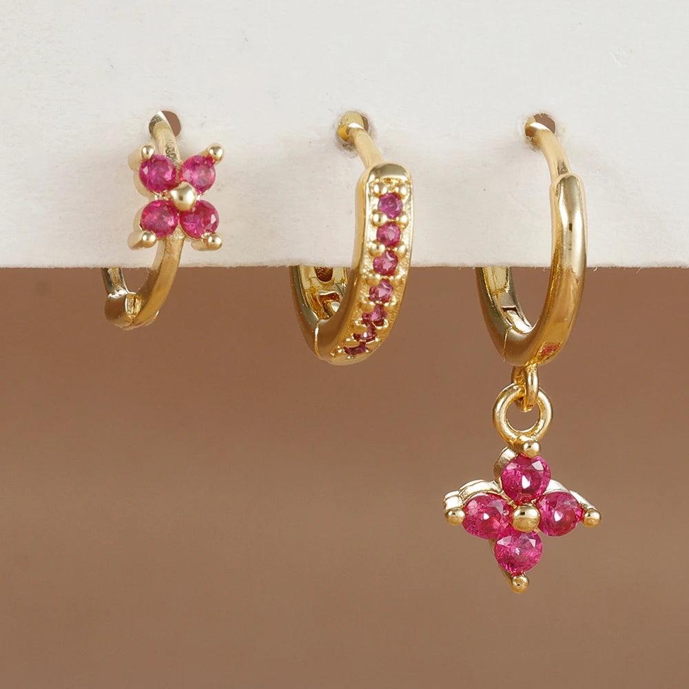 Trendy 3PCS Flower Drop Earrings Set – Stainless Steel Crystal Zirconia Dangle Earrings for Women