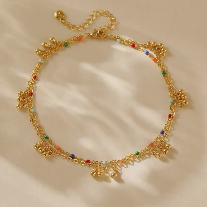 Double Layer Gold Bead Anklet – Elegant Summer Foot Chain