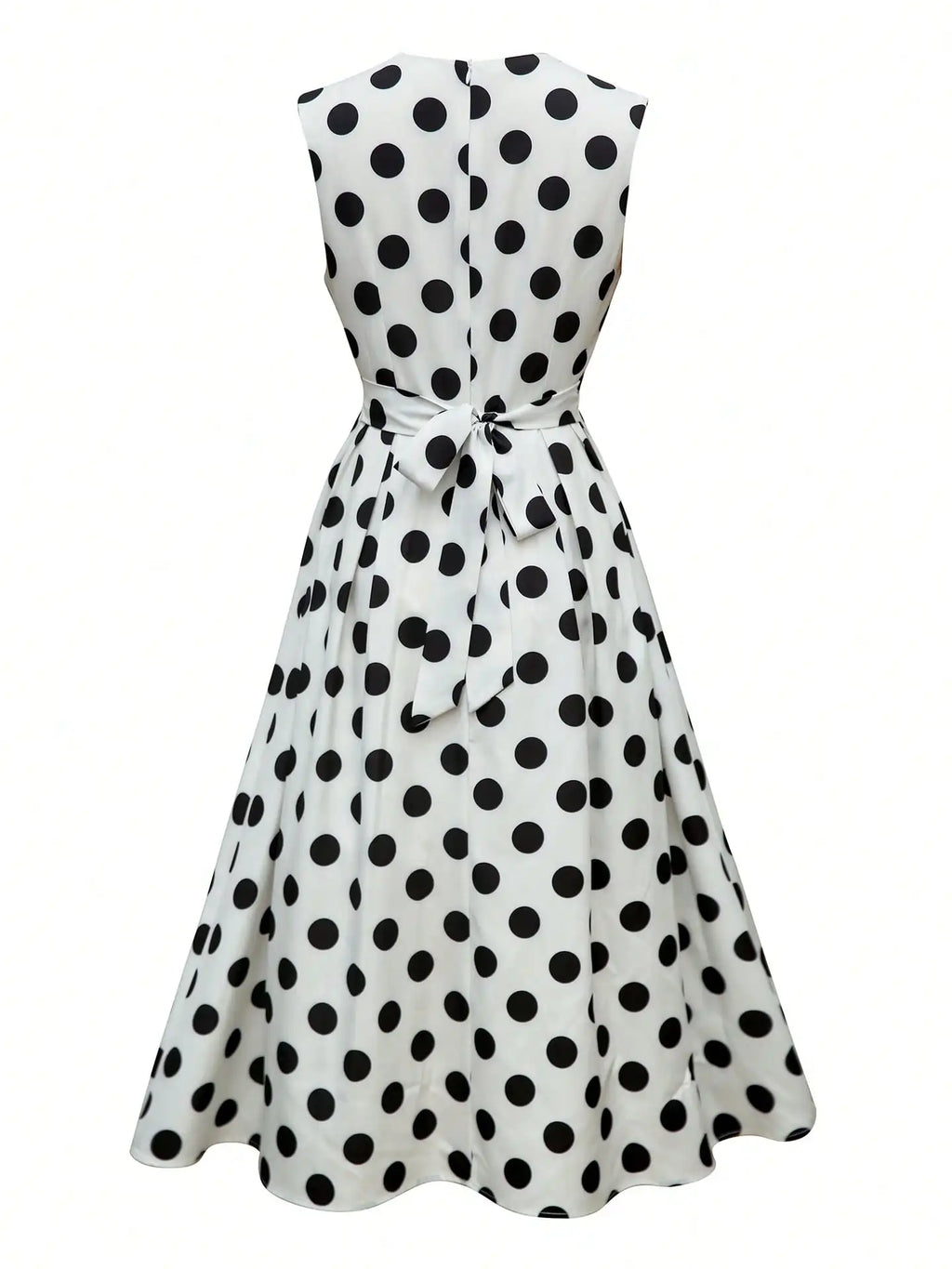 Women's Elegant Polka Dot V-Neck Midi Dress – Belted A-Line Sleeveless Flared Dress