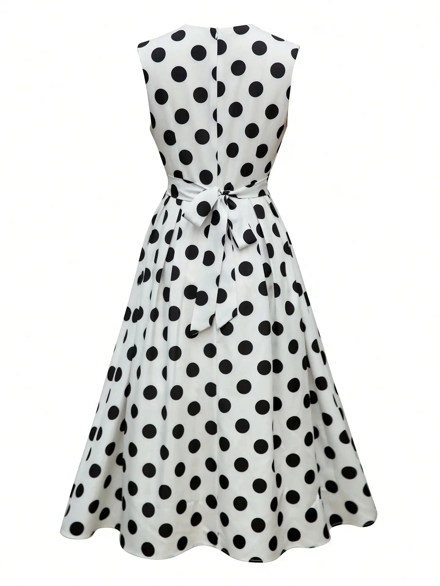 Women's Elegant Polka Dot V-Neck Midi Dress – Belted A-Line Sleeveless Flared Dress