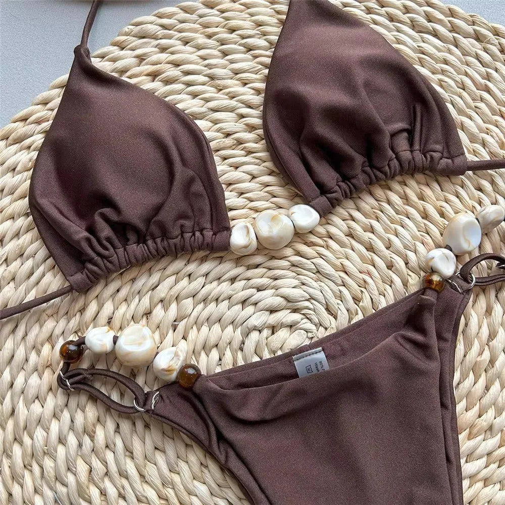 Women's Green Halter Triangle Bikini – Sexy Micro Thong Bead String Set