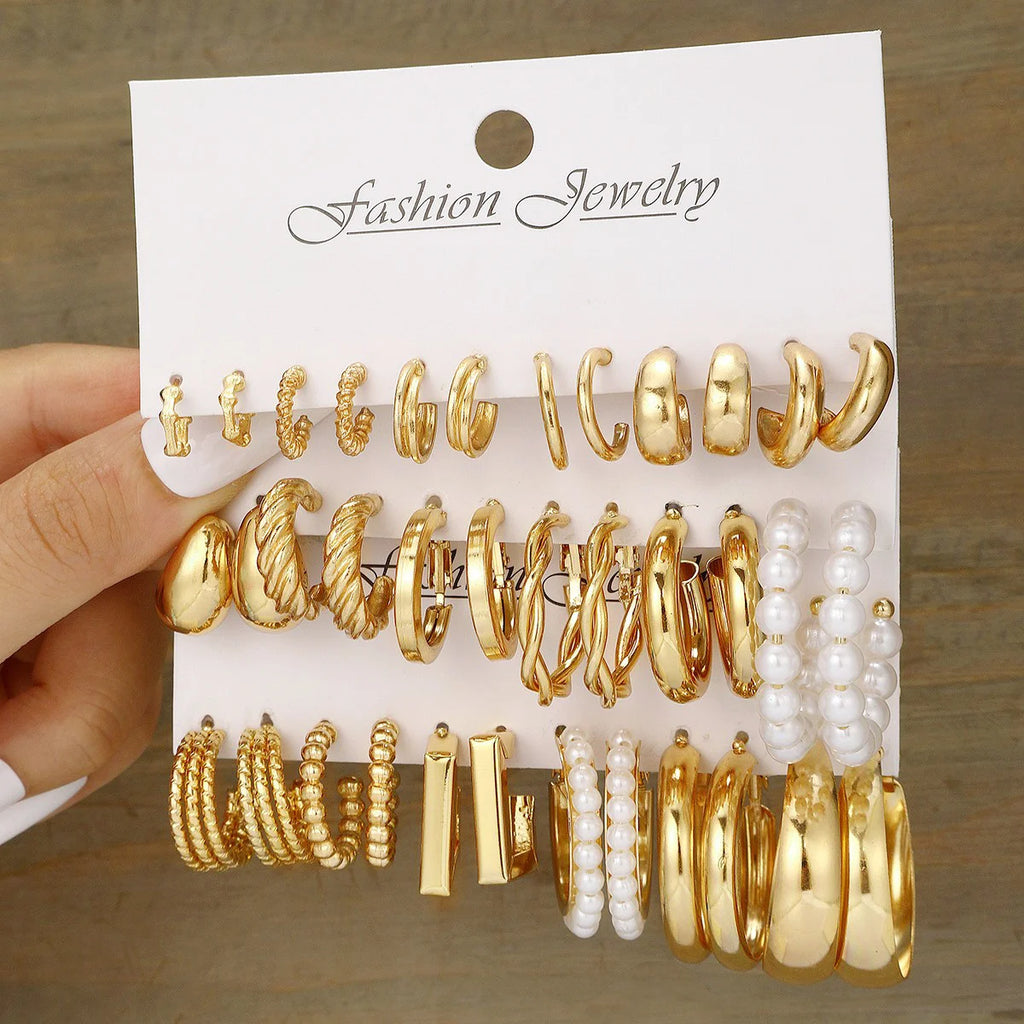 Boho Geometric Hoop Earrings Set – Gold & Pearl Statement Jewelry for Women