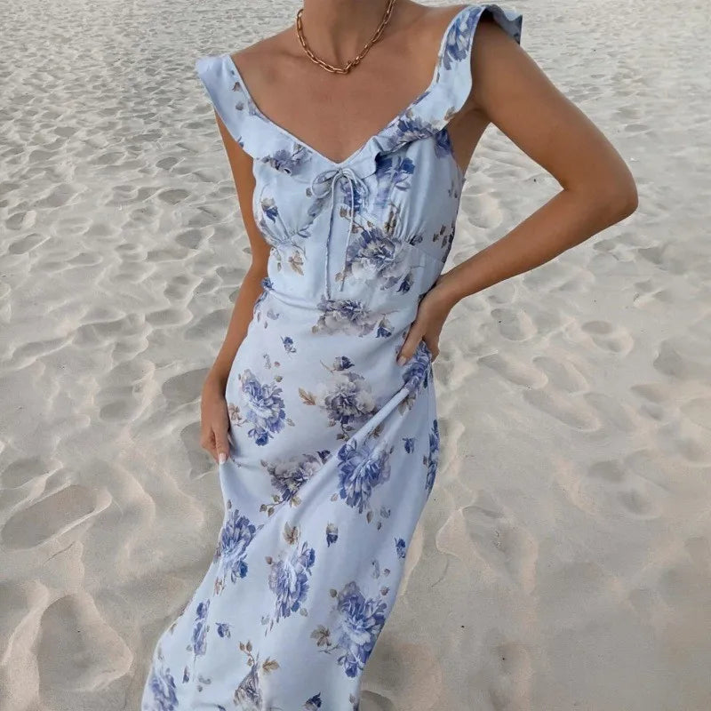 Women's Slim Fit V-Neck Ankle Length Dress – Spaghetti Strap Beach & Party Dress