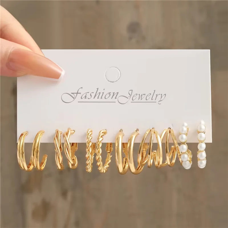 Boho Geometric Hoop Earrings Set – Gold & Pearl Statement Jewelry for Women