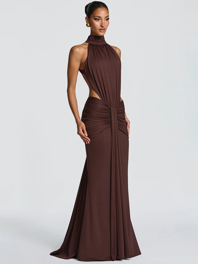 Women's Turtleneck Backless Maxi Dress – Elegant Off-Shoulder Ruched Bodycon Party Gown