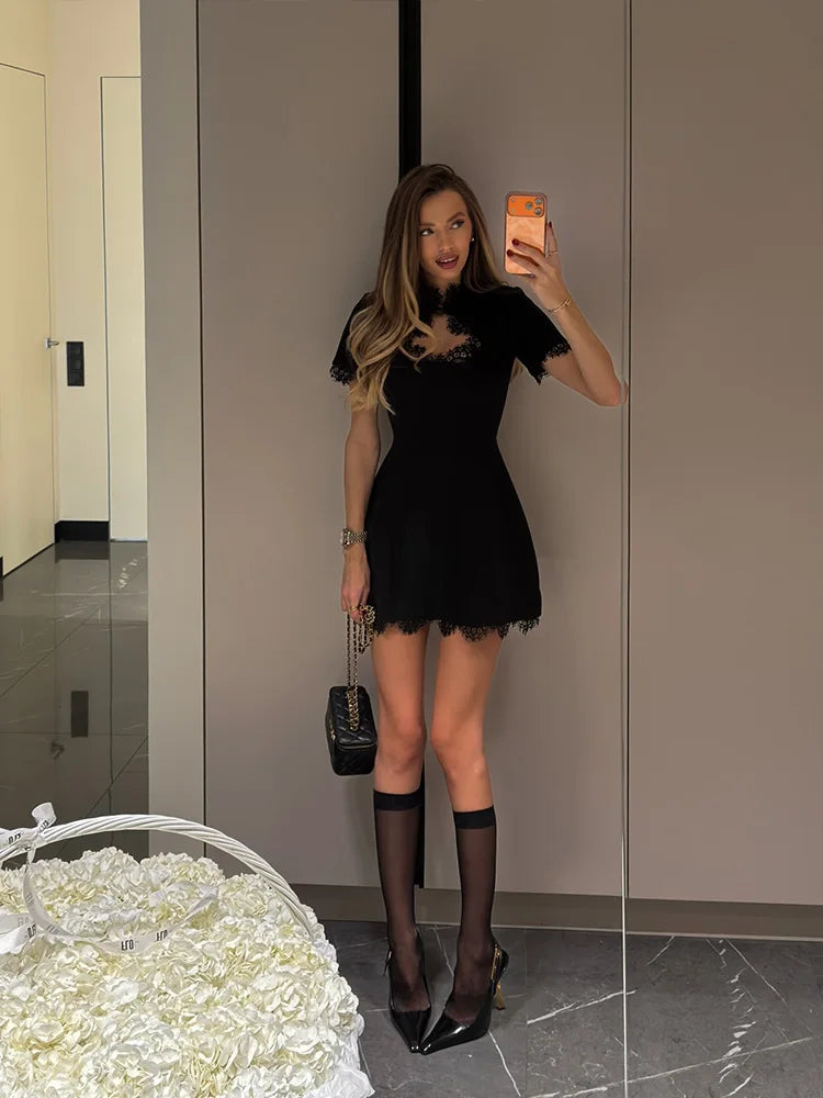 Lace Patchwork Bodycon Mini Dress for Women – High Collar Hollow Out Sexy Club Outfit