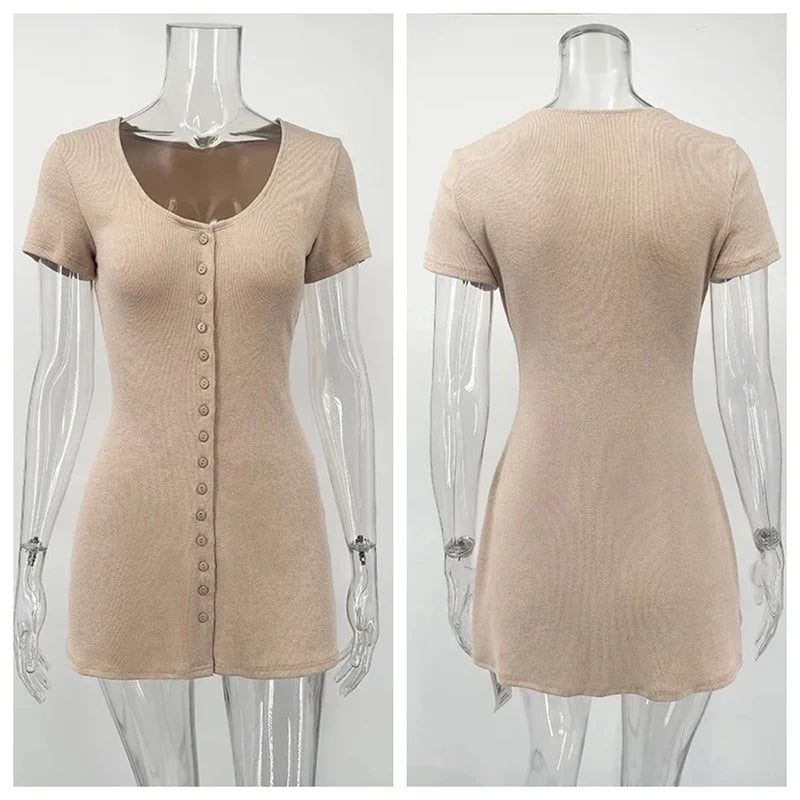 Women's Knitted Button Dress | V-Neck, Short Sleeve, High Stretch