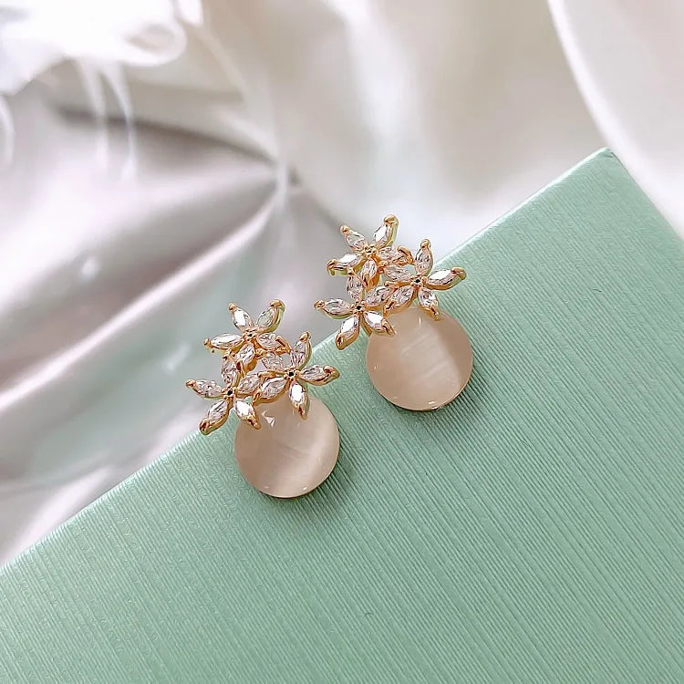 Flower Opal & Rhinestone Stud Earrings for Women – Small Elegant Floral Jewelry Gift