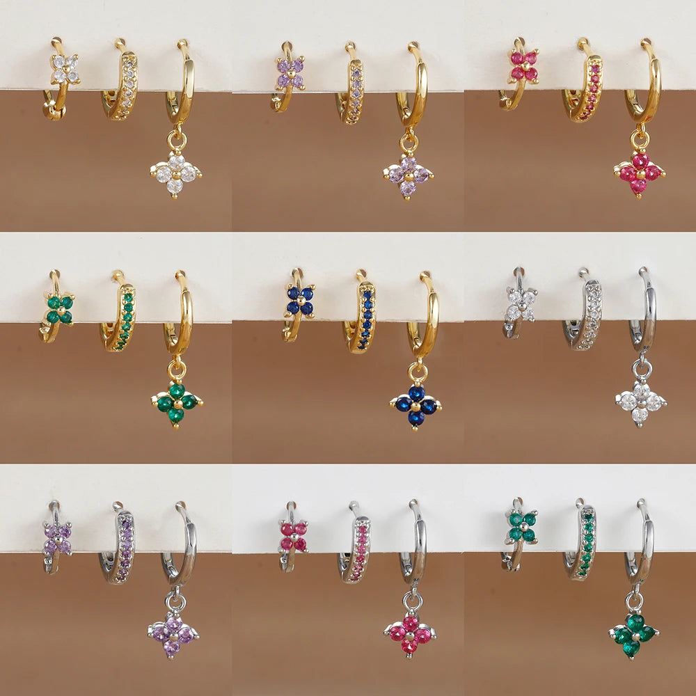 Trendy 3PCS Flower Drop Earrings Set – Stainless Steel Crystal Zirconia Dangle Earrings for Women