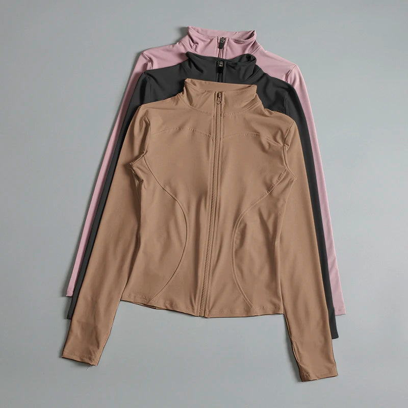 Women's Fitted Zip-Up Yoga Jacket – High Collar Long Sleeve Workout Top