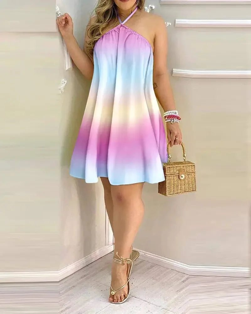 Tropical Leaf Print Halter Mini Dress – Backless Beach Sundress