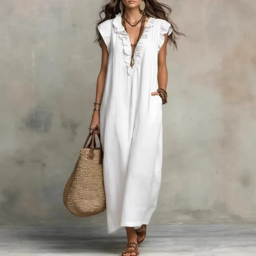 Elegant Bow Neck Mesh Dress for Women – Knee-Length Chiffon Loose Fit Dress
