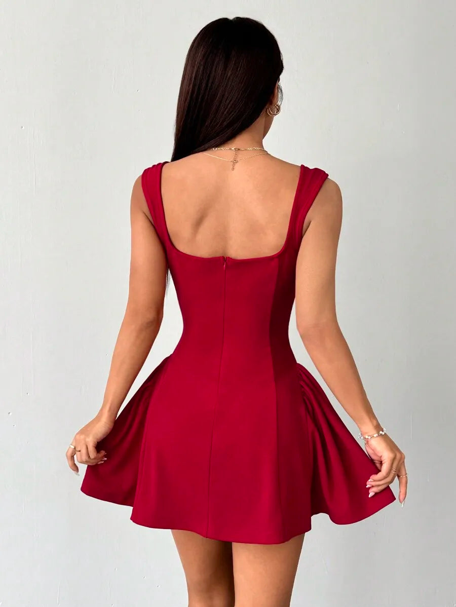 Black Backless Mini Dress for Women – Square Neck Sleeveless Flared Skater Dress