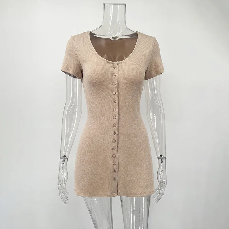 Women's Knitted Button Dress | V-Neck, Short Sleeve, High Stretch
