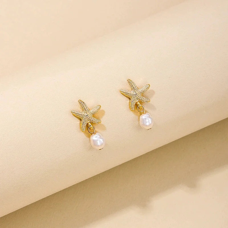 Ocean Pearl Starfish Drop Earrings – Gold Shell Beach Jewelry for Women