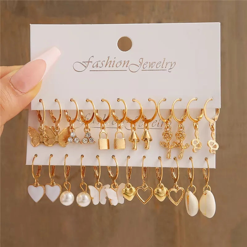 Boho Geometric Hoop Earrings Set – Gold & Pearl Statement Jewelry for Women