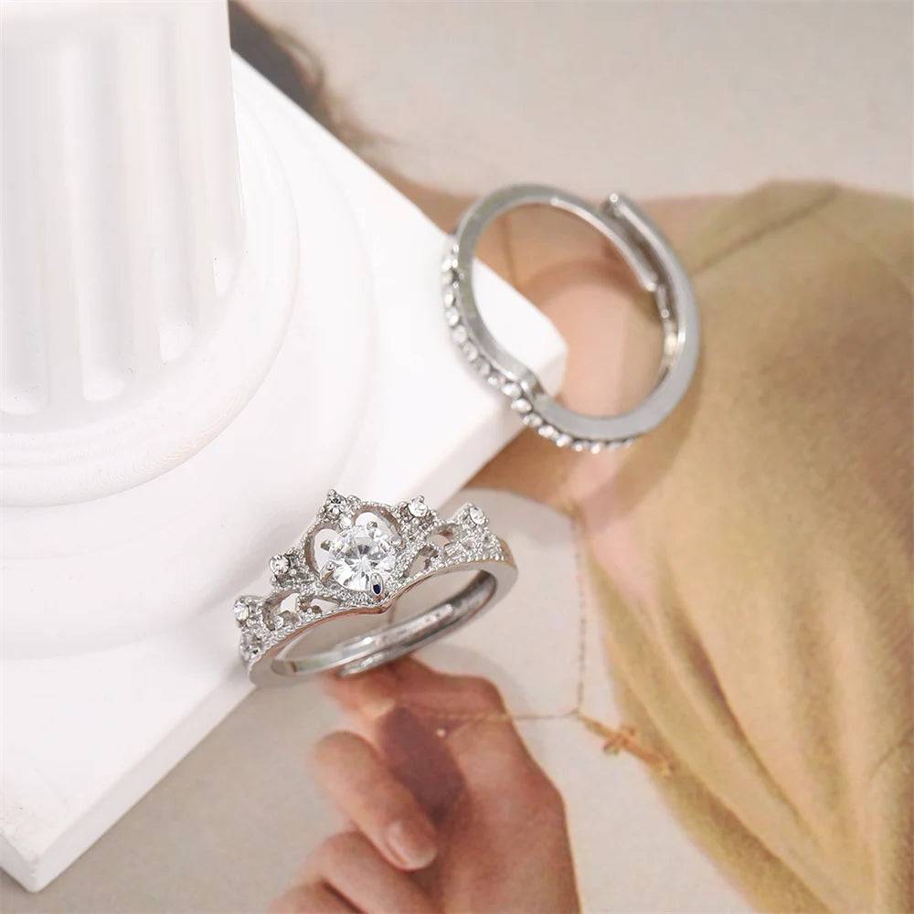 2PCS Sparkling Fairy Crown Rings Set – Adjustable Crystal Queen Party Jewelry for Women