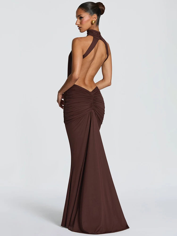 Women's Turtleneck Backless Maxi Dress – Elegant Off-Shoulder Ruched Bodycon Party Gown