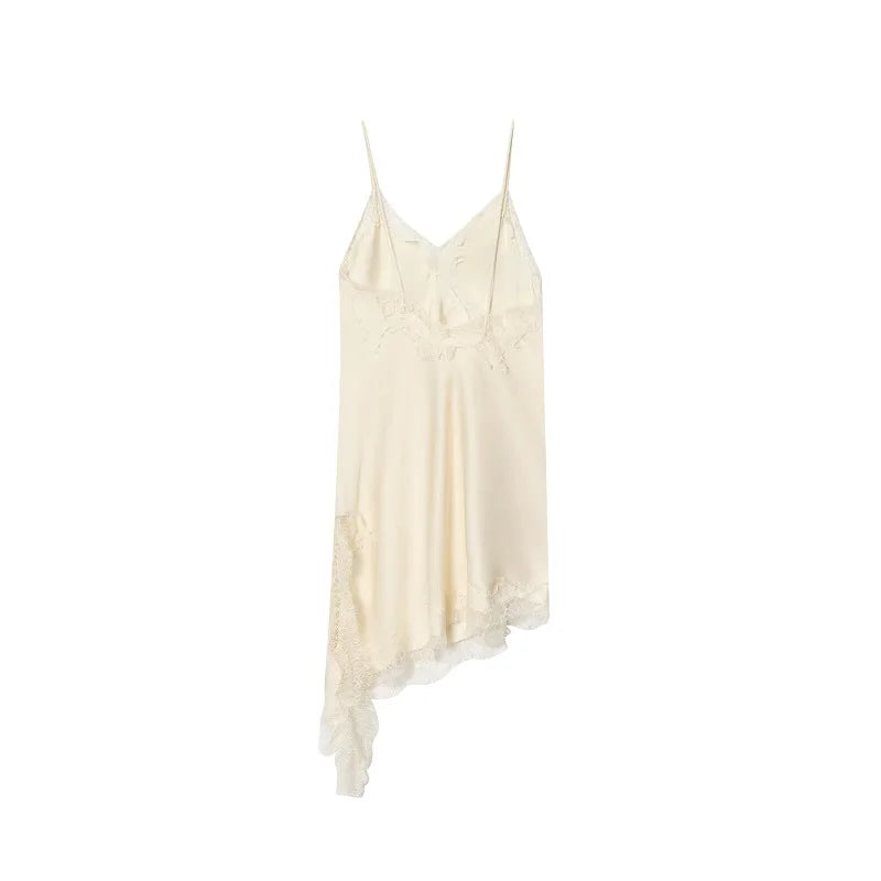 Lace Satin Backless Mini Dress – Asymmetric Slip Party Dress for Women