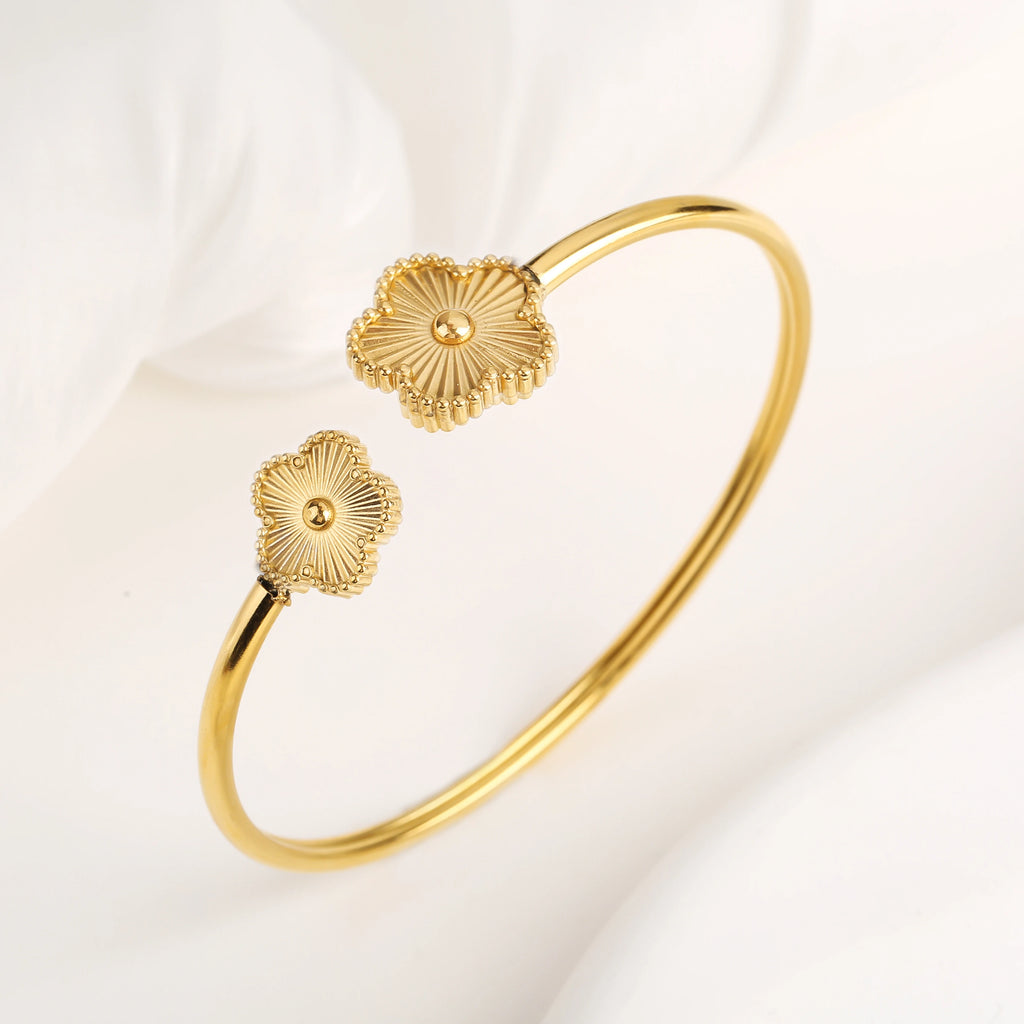 Lucky Clover Open Cuff Bracelet – Gold-Plated Stainless Steel Jewelry