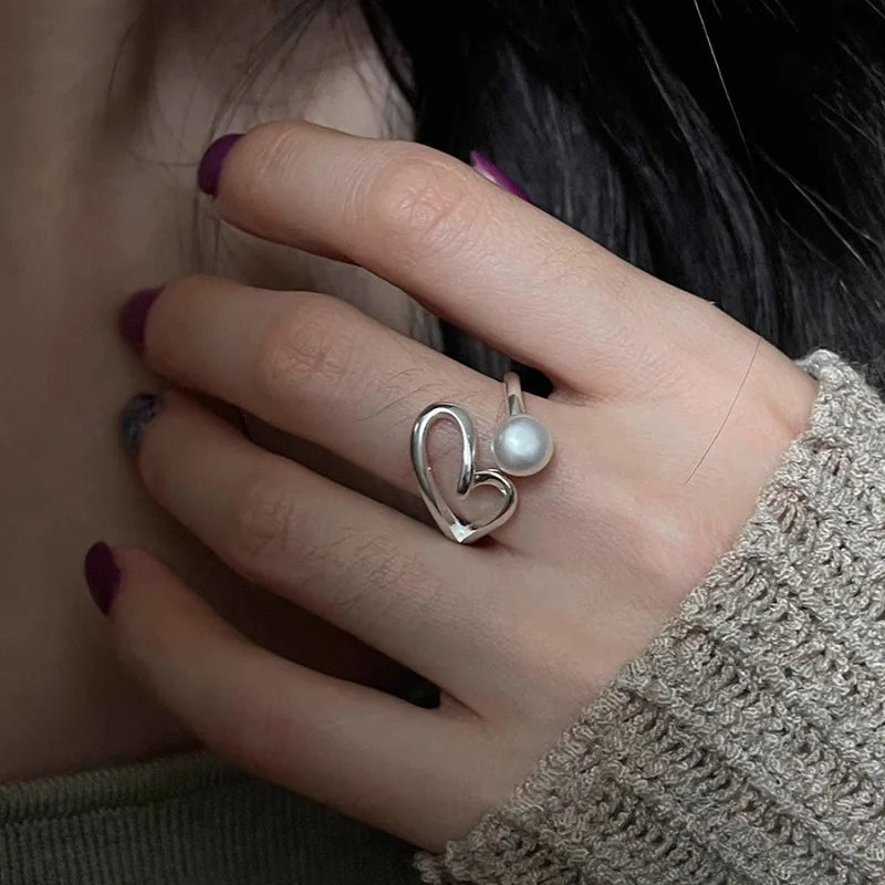 Women's 925 Sterling Silver Heart Pearl Ring – Elegant Korean Sweet Jewelry Gift