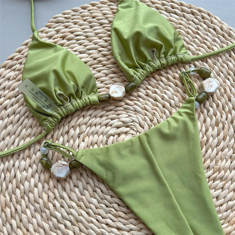Women's Green Halter Triangle Bikini – Sexy Micro Thong Bead String Set