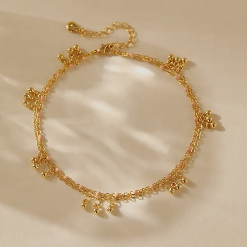 Double Layer Gold Bead Anklet – Elegant Summer Foot Chain