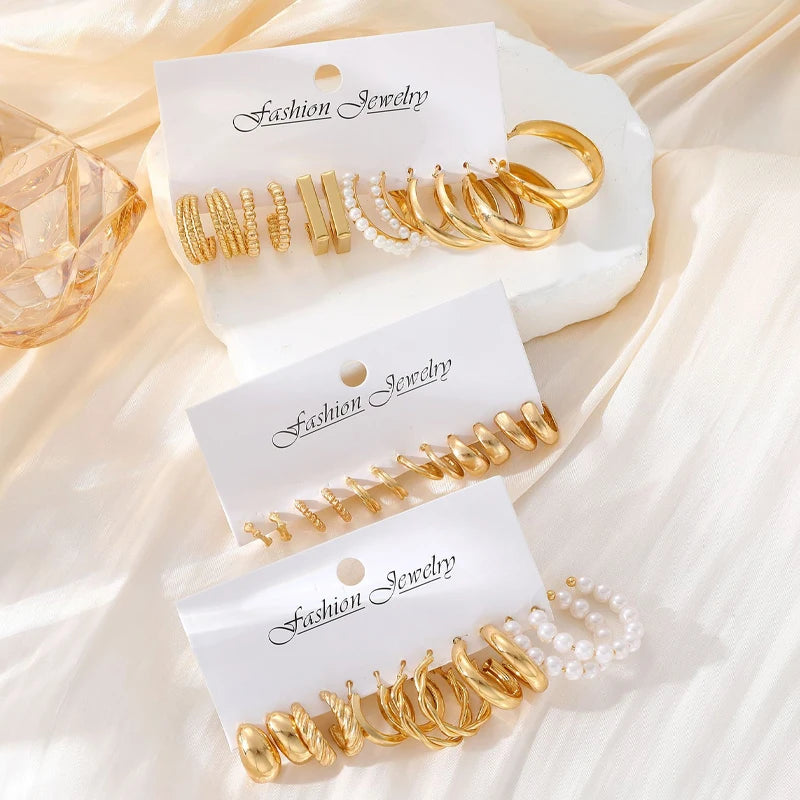 Boho Geometric Hoop Earrings Set – Gold & Pearl Statement Jewelry for Women