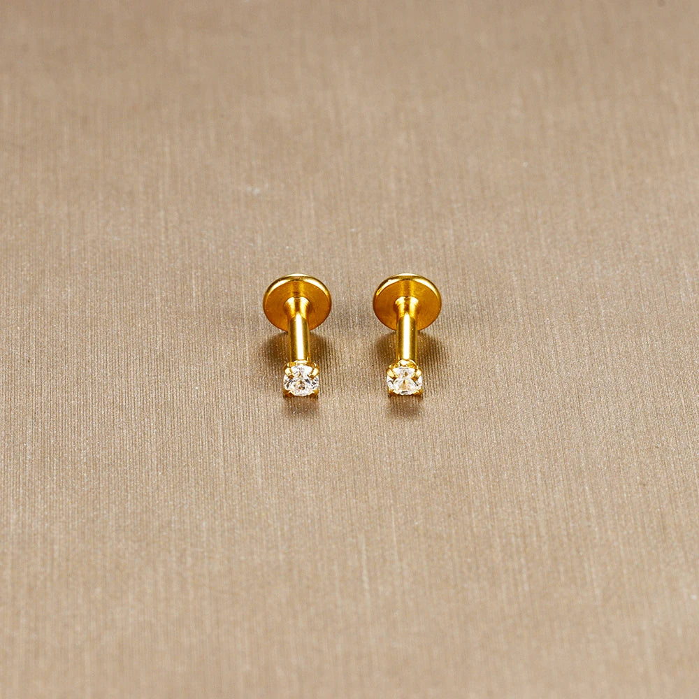 2PCS Stainless Steel Labret Stud Earrings – 16G CZ Crystal Tragus, Helix, Conch & Lip Piercing Jewelry