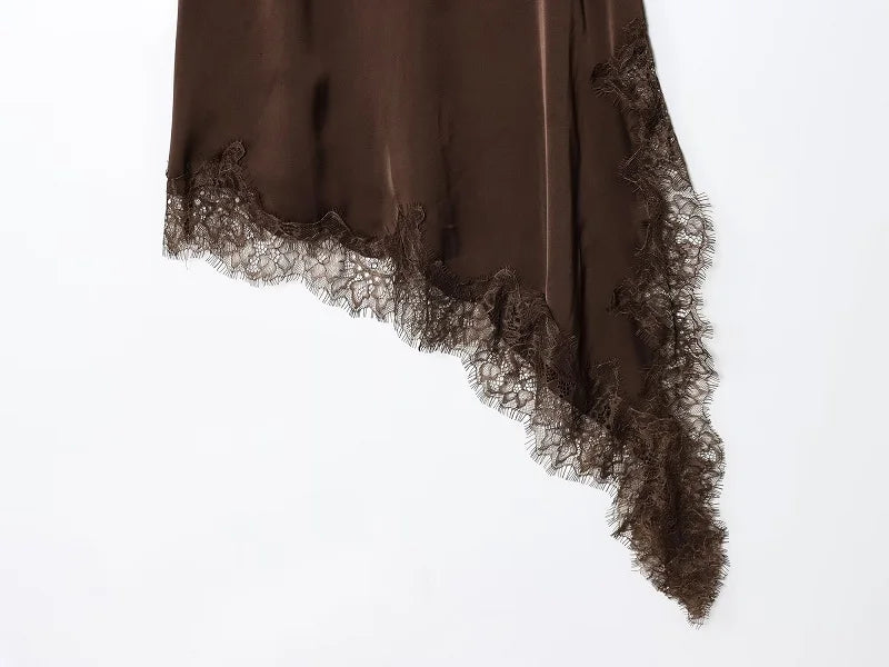 Lace Satin Backless Mini Dress – Asymmetric Slip Party Dress for Women
