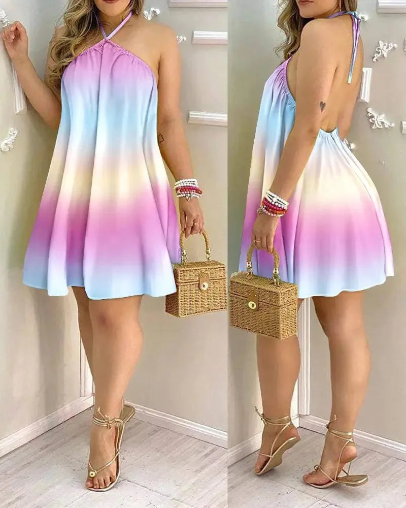 Tropical Leaf Print Halter Mini Dress – Backless Beach Sundress