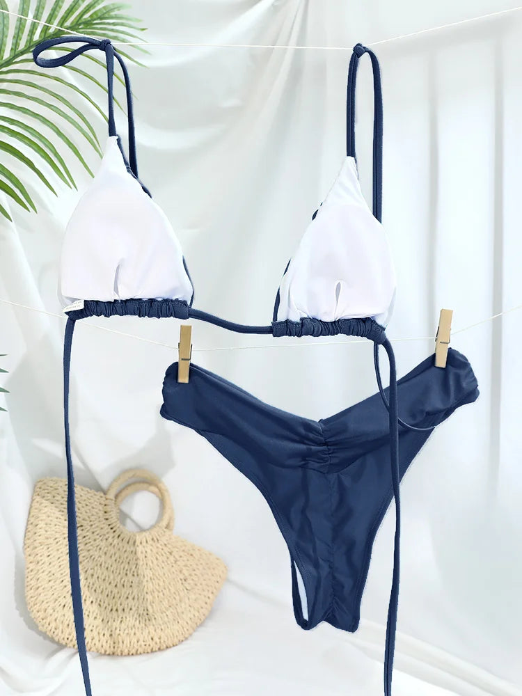 Women's Solid Triangle Bikini Set – Sexy Folded Micro Swimwear