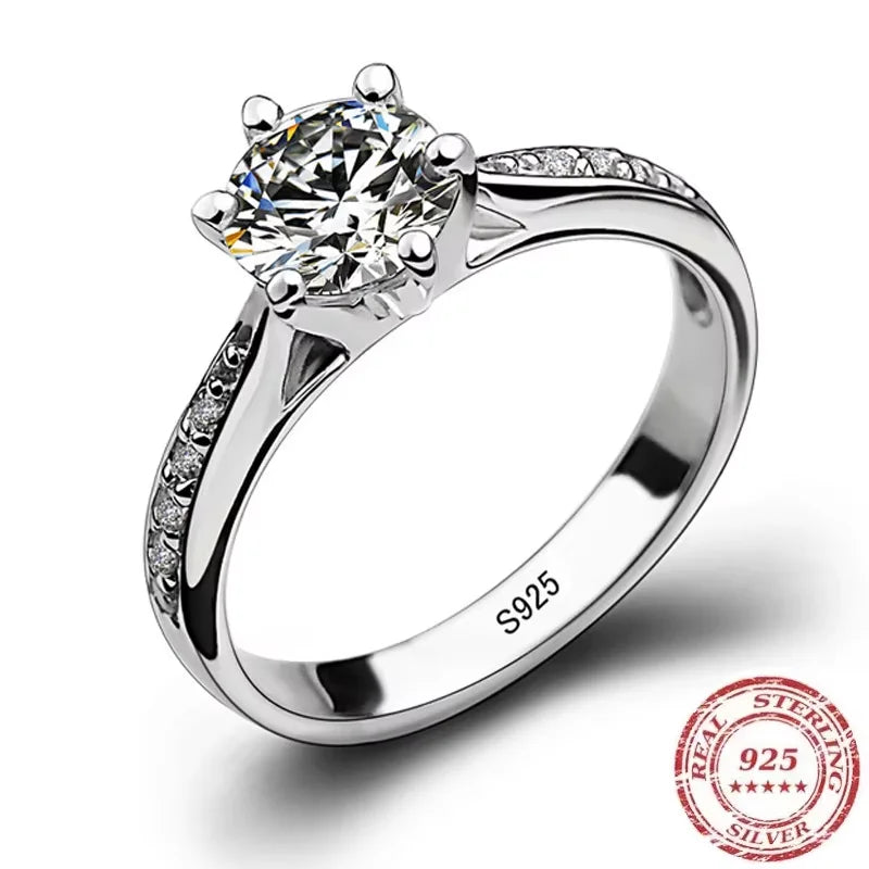 Women's Luxury 925 Sterling Silver Six Claw Diamond Ring – Classic Simulated Engagement Jewelry
