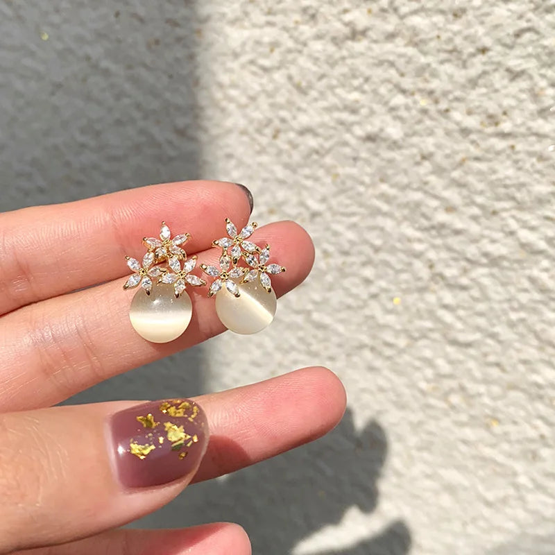 Flower Opal & Rhinestone Stud Earrings for Women – Small Elegant Floral Jewelry Gift